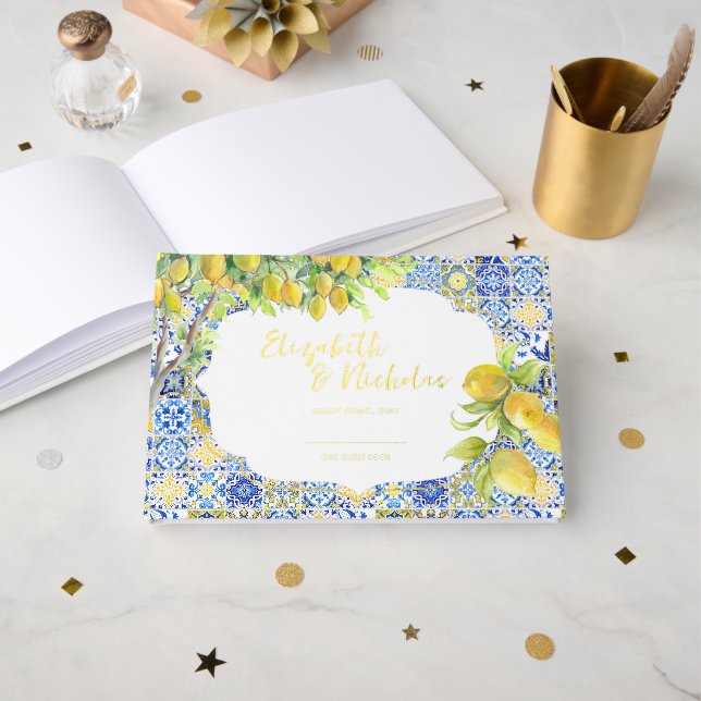 Amalfi Coast | Mediterranean Lemon Tiles Foil Guest Book (Front Open)