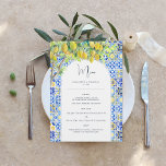 Amalfi Coast | Mediterranean Lemon Tiles Menu<br><div class="desc">Beautiful menu cards to compliment your table settings at your wedding or next dinner party. Beautiful watercolor tiles, lemons and greenery adorns this elegant menu that is completely customizable. Hills in the sunset, olive groves, lemon trees, and white wine. This palette brings gorgeous graphics, soft patterns, and florals of all...</div>