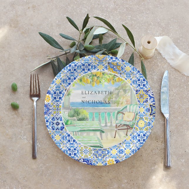 Amalfi Coast | Mediterranean Lemon Tiles Paper Plates (Creator Uploaded)