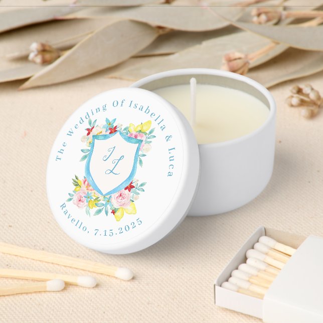 Amalfi Coast Mediterranean Monogram Crest Wedding Mini Candle Favors (Insitu)