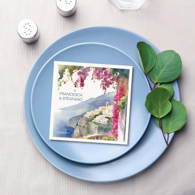 Amalfi coast Mediterranean monogram printed Napkins (Amalfi coast Mediterranean themed bridal shower wedding monogram printed Napkins)