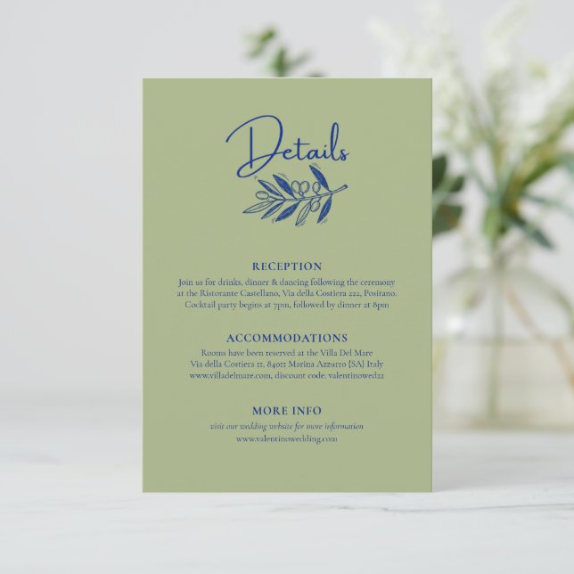 Amalfi Coast Olive Green Wedding Details Enclosure Card (Standing Front)