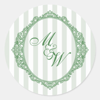 Amalfi Coast Sage Stripe Crest Monogram Wedding Classic Round Sticker