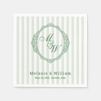 Amalfi Coast Sage Stripe Crest Monogram Wedding Napkins