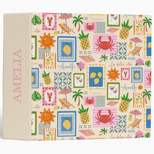Amalfi Coast Summer Mediterranean Pattern  3 Ring Binder (Front/Spine)