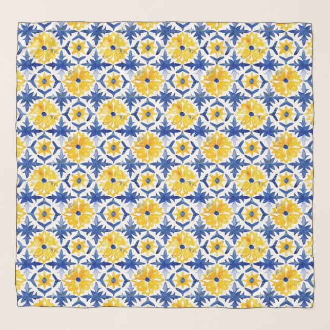 Amalfi Coast Tiles Yellow Ocean Blue Scarf (Front)