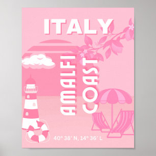 Amalfi Coast, Travel Art, Pink Poster