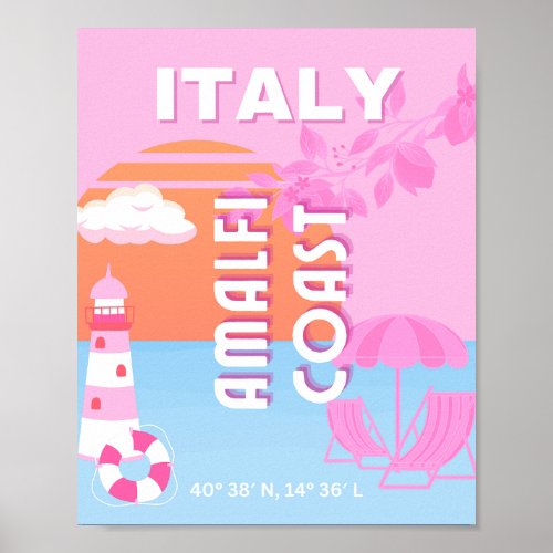 Amalfi Coast Travel Art Preppy Travel Pink Poster