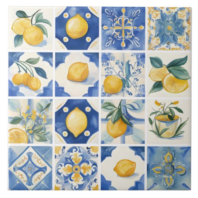 Amalfi Coast Watercolor Mediterranean Lemon  Ceramic Tile (Front)