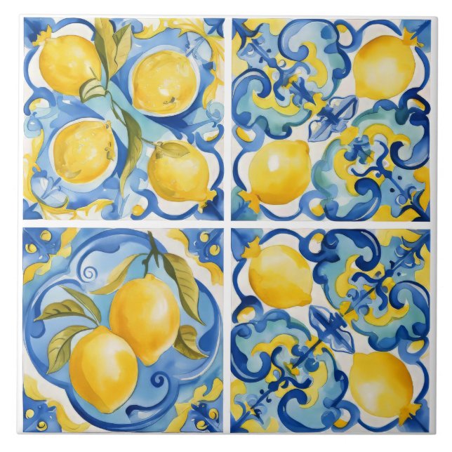Amalfi Coast Watercolor Mediterranean Lemon  Ceramic Tile (Front)