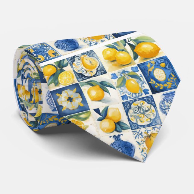 Amalfi Coast Watercolor Mediterranean Lemon Neck T Neck Tie (Rolled)