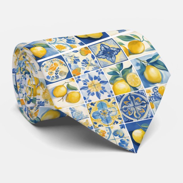 Amalfi Coast Watercolor Mediterranean Lemon Neck T Neck Tie (Rolled)