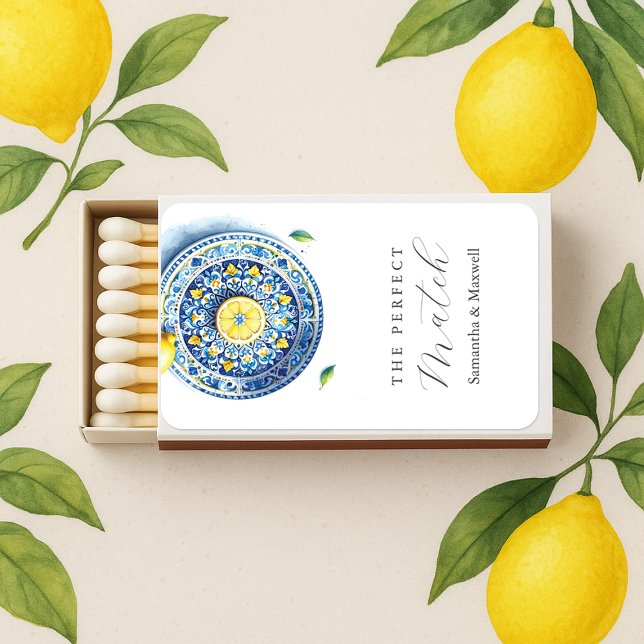 Amalfi Coast Wedding Theme Matchboxes (Blue and yellow lemon themed wedding matches)
