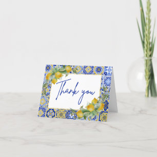 Amalfi Italian Blue Tile Citrus Lemon Script Letterpress Thank You Card
