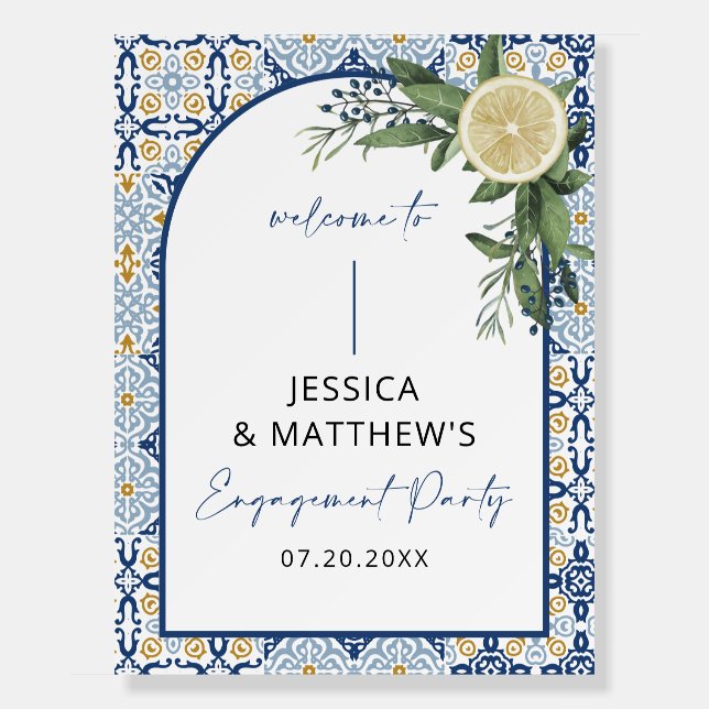 Amalfi Italian Blue Tile Engagement Party Sign (Front)