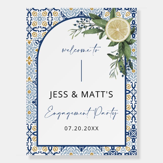 Amalfi Italian Blue Tile Engagement Party Sign (Front)
