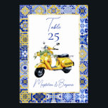 Amalfi Italian Blue Tile Scooter Lemons Wedding Table Number<br><div class="desc">Mediterranean-inspired design with bright blue and yellow Italian Amalfi coast-style tiles with watercolor-painted lemons on yellow scooter.</div>