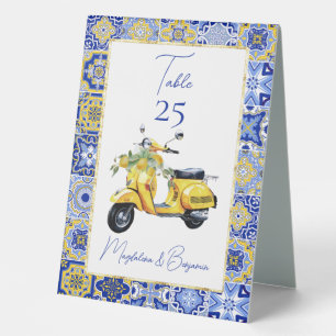 Amalfi Italian Blue Tile Scooter Lemons Wedding Table Tent