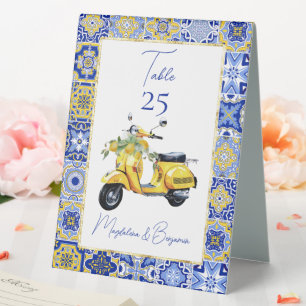 Amalfi Italian Blue Tile Scooter Lemons Wedding Table Tent