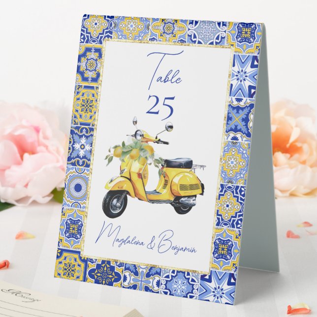 Amalfi Italian Blue Tile Scooter Lemons Wedding Table Tent (In SItu (Wedding))
