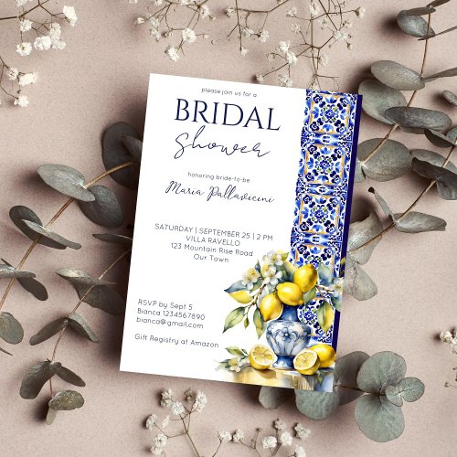 Amalfi Italian blue tiles lemons bridal shower Invitation