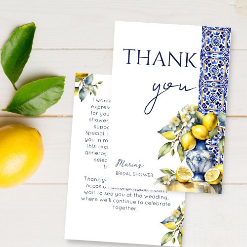 Amalfi Italian blue tiles lemons bridal shower Thank You Card