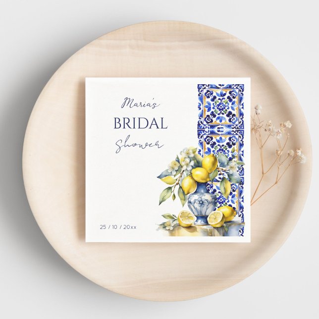 Amalfi Italian blue tiles lemons bridal template Napkins (Amalfi Italian Vietri blue tiles lemons bridal shower template Napkins personalized tableware decor)