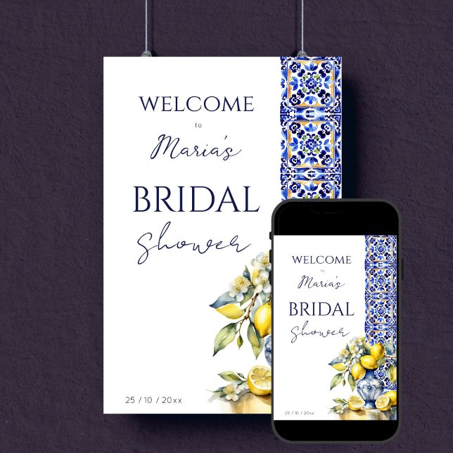 Amalfi Italian blue tiles lemons bridal welcome Poster (Amalfi Italian blue tiles lemons in a blue ceramics vase bridal shower welcome sign Poster template)