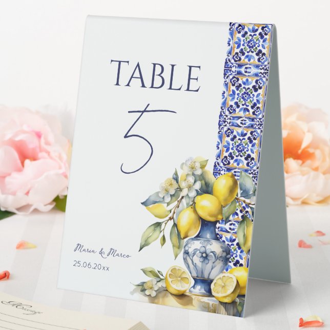 Amalfi Italian blue tiles lemons table numbers Tent (In SItu (Wedding))
