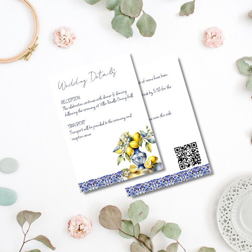 Amalfi Italian blue tiles lemons wedding details Enclosure Card