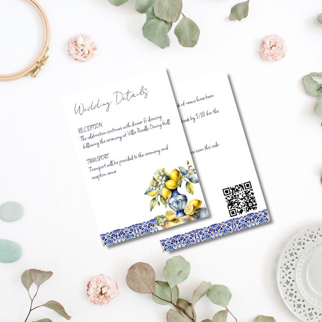 Amalfi Italian blue tiles lemons wedding details Enclosure Card (Amalfi Italian blue tiles lemons Mediterranean themed wedding details Enclosure Card qr website)