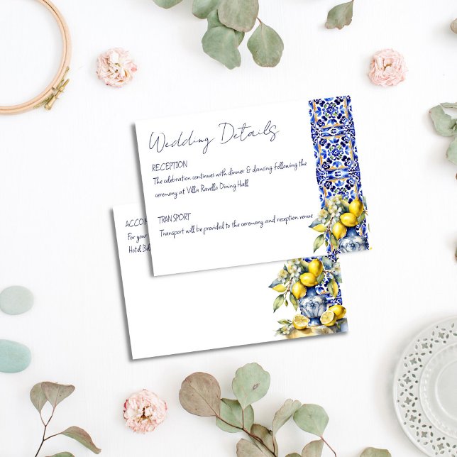 Amalfi Italian blue tiles lemons wedding details Enclosure Card (Amalfi Italian blue tiles lemons wedding details Enclosure Card Mediterranean themed wedding card)