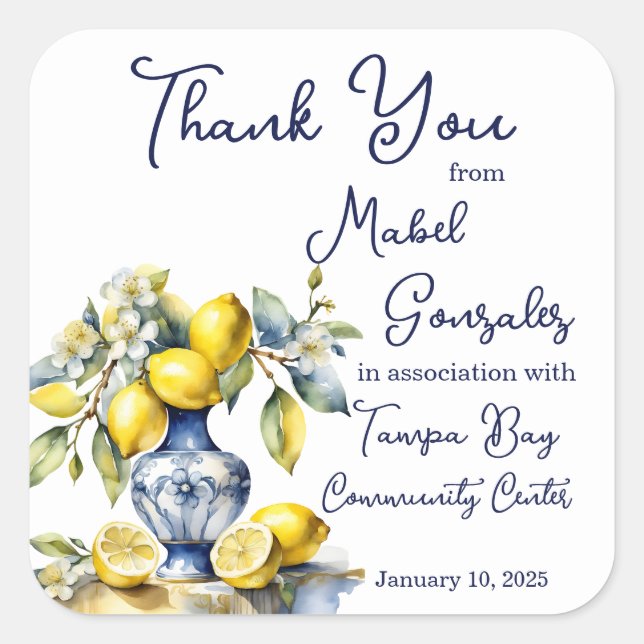Amalfi Italian blue tiles lemons wedding favors Square Sticker (Front)
