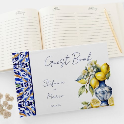 Amalfi Italian blue tiles lemons wedding Guest Book