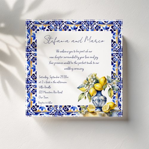 Amalfi Italian blue tiles lemons wedding Invitation