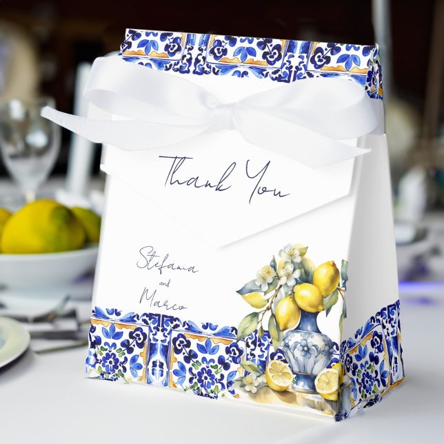 Amalfi Italian blue tiles lemons wedding printed Favor Boxes (Amalfi Italian blue tiles lemons wedding printed Favor Box personalized wedding favors ceramic vase)