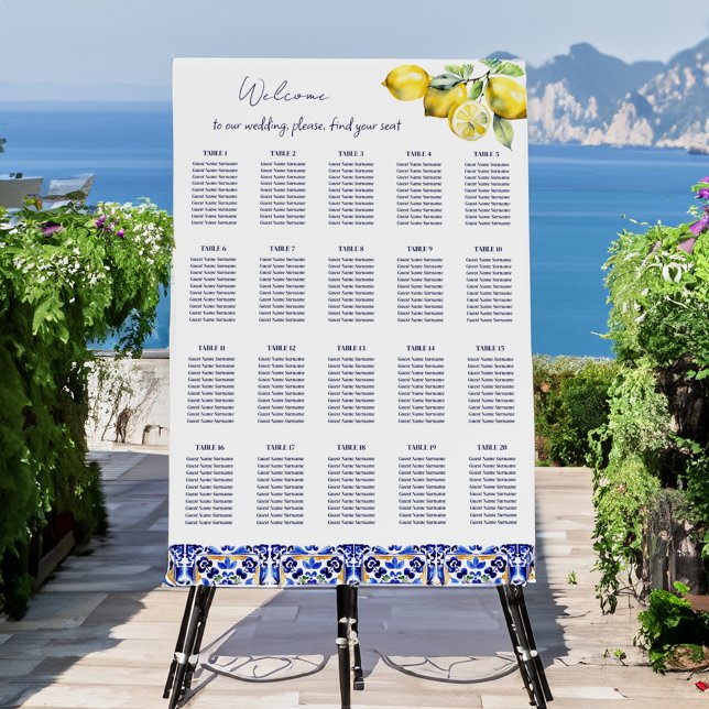 Amalfi Italian blue tiles lemons wedding seating Foam Board (Amalfi Italian blue tiles lemons wedding seating plan Board welcome sign personalized decor)