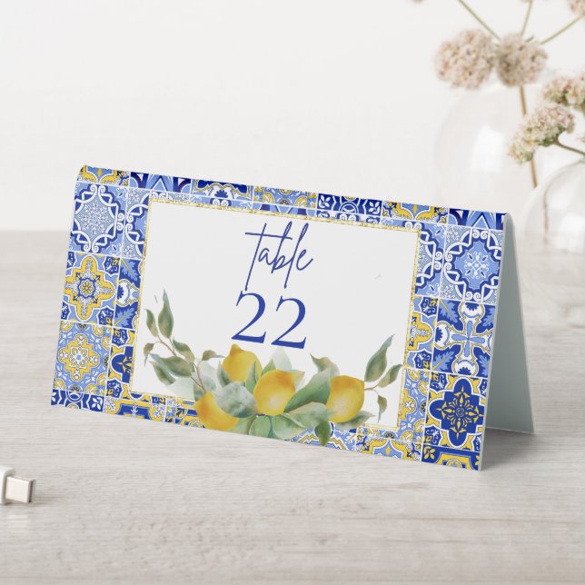 Amalfi Italian Blue Tiles Lemons Wedding Table Tent (In SItu (Table))