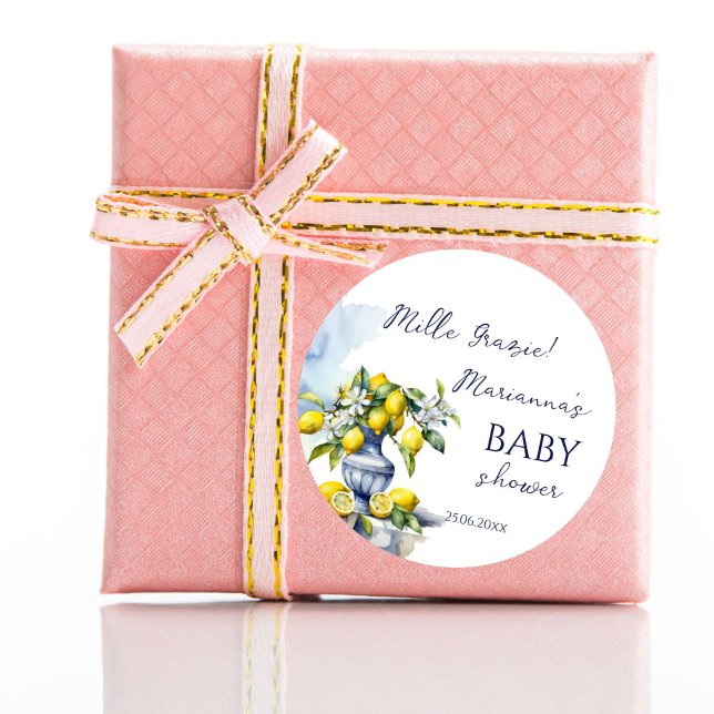 Amalfi Italian blue vase lemon baby shower favor Classic Round Sticker (Amalfi Italian vintage ceramic blue vase lemon baby shower thank you favor Classic Round Sticker)