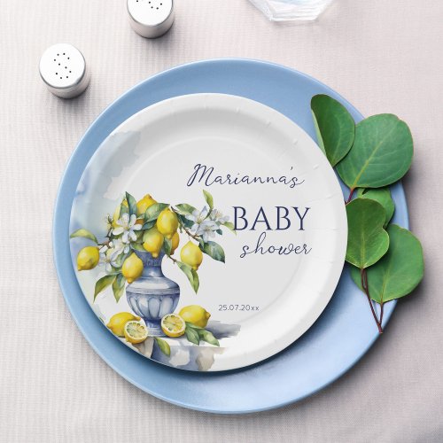 Amalfi Italian blue vase lemon baby shower printed Paper Plates