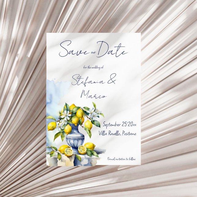 Amalfi Italian blue vase with lemons  Save The Date (Amalfi Italian blue ceramic vase with lemons wedding Save The Date card editable template download)