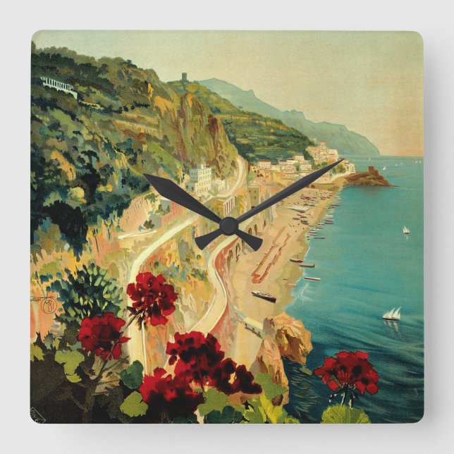 Amalfi Italian Coast, Vintage Travel Poster Italy Square Wall Clock (Front)