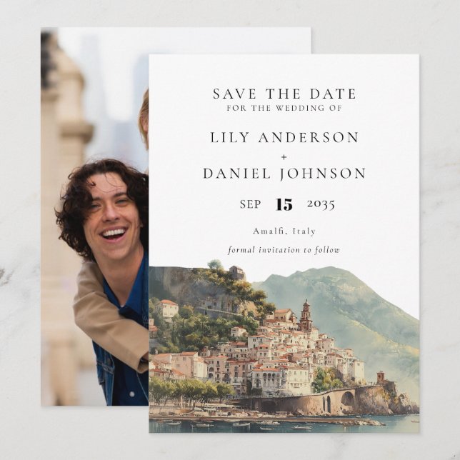 Amalfi Italian Watercolor Photo Wedding Save The Date (Front/Back)