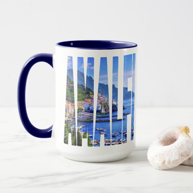 Amalfi Italy Europe Colorful Photo Typography Mug (With Donut)