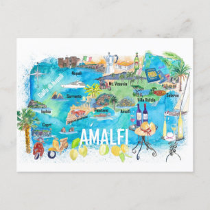 Amalfi Italy Illustrated Mediterranean Travel Map Postcard