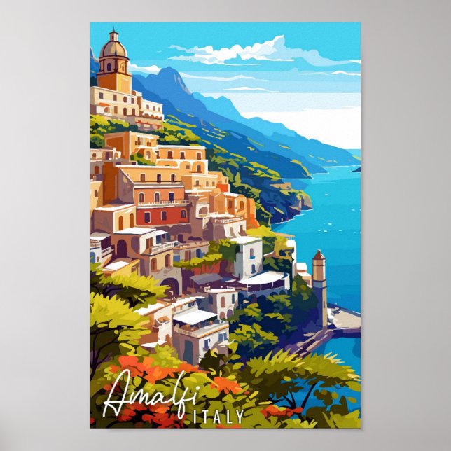 Amalfi Italy vintage travel illustration Poster (Front)