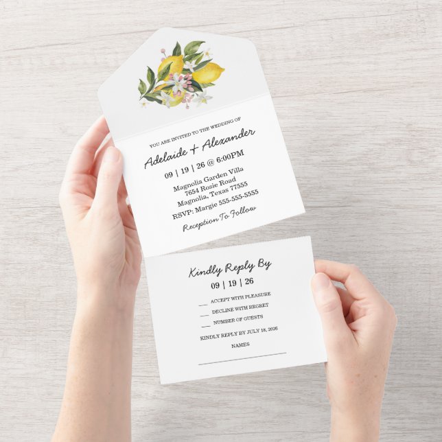 Amalfi Lemon Citrus Yellow Pink All In One Invitation (Tearaway)