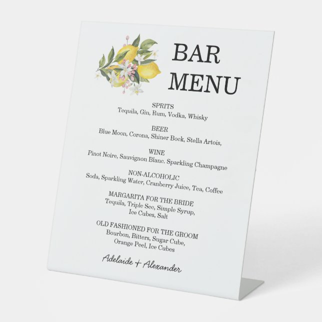 Amalfi Lemon Citrus Yellow Pink Wedding  Pedestal Sign (Front)