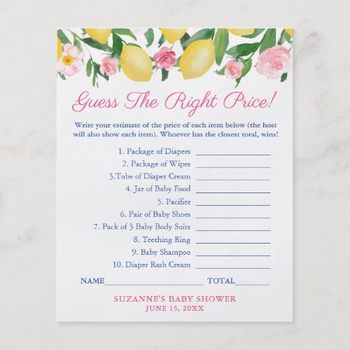 Amalfi Lemon Guess The Price Baby Shower Game Card Flyer