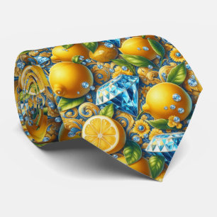 Amalfi Lemon Mediterranean Faux DIamonds Faux Silk Neck Tie